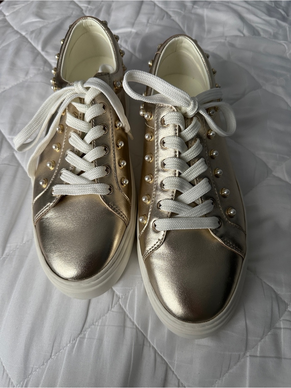 Stuart Weitzman Metallic Gold Pearl-Embellished Lace-Up Sneakers